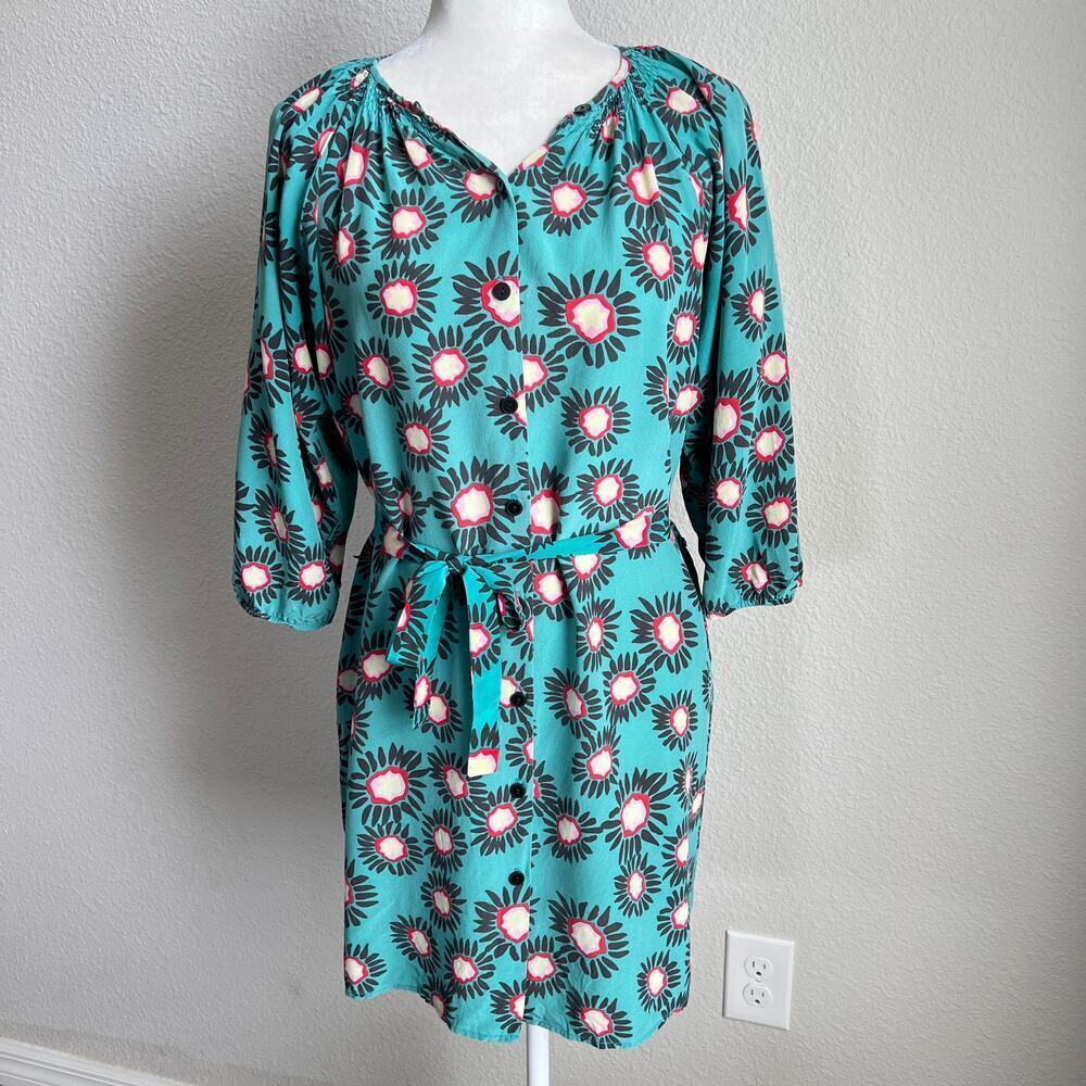 Tucker Silk Belted Shift Dress Women's M Green Print  Button Front Modest Chic